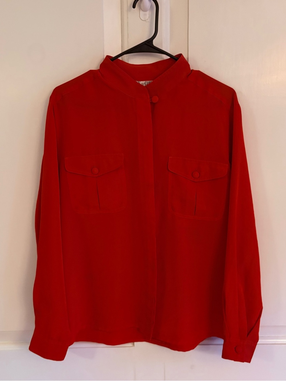 Red Button-Front Long Sleeve Blouse